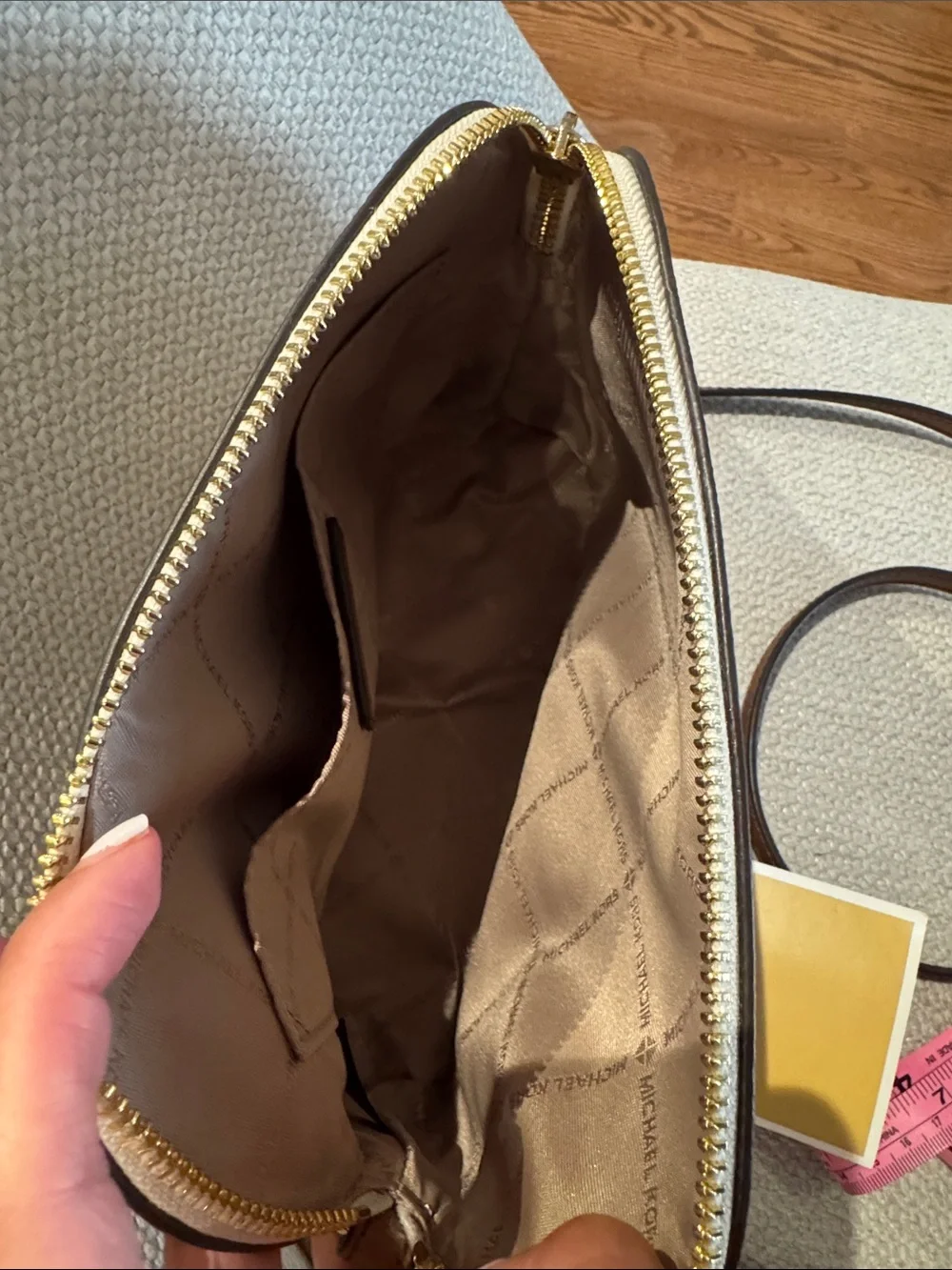 Michael Kors Beige Logo Crossbody with Brown Strap and Gold Hardware